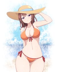 1girl bang_dream! bikini breasts brown_hair brown_hat cowboy_shot front-tie_bikini_top front-tie_top gluteal_fold hat highres large_breasts looking_at_viewer orange_bikini purple_eyes ren_0_(044ren) short_hair side-tie_bikini_bottom solo sun_hat swimsuit thigh_gap toyama_kasumi