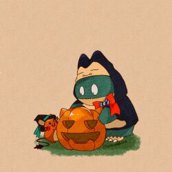 black_eyes bow bright_pupils brown_background claws closed_mouth commentary dedenne gen_4_pokemon gen_6_pokemon hat highres jack-o&#039;-lantern looking_down looking_up munchlax nintendo no_humans pokemon pokemon_(creature) pumpkin ribbon simple_background twitter_username white_pupils witch_hat zozozoshion