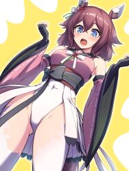 1girl adapted_costume animal_ears blue_eyes detached_sleeves ear_covers flower hair_between_eyes hair_flaps hair_flower hair_ornament highres horse_ears horse_girl horse_tail jacket leotard open_clothes open_jacket open_mouth pataneet ribbon-trimmed_sleeves ribbon_trim sakura_chiyono_o_(umamusume) shirt short_hair showgirl_skirt sleeveless sleeveless_shirt smile solo tail umamusume white_leotard