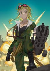 1girl ammunition ammunition_belt backlighting black_boots black_gloves blood blood_on_face bokura_no_16bit_warz_(vocaloid) boots bullet_necklace camouflage camouflage_jacket camouflage_pants chain chain_necklace commentary cuts explosion frown gloves goggles goggles_on_head green_eyes green_hair gumi gun highres holding holding_gun holding_weapon injury jacket jewelry lace-up_boots machine_gun medium_hair necklace outdoors pants red_goggles ruins sky solo vocaloid weapon wounds404