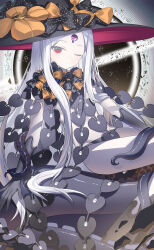 1girl abigail_williams_(fate) abigail_williams_(third_ascension)_(fate) absurdres bare_shoulders black_bow black_hands black_hat black_panties bow breasts colored_extremities colored_skin fate/grand_order fate_(series) forehead hair_bow hat highres keyhole long_hair looking_at_viewer miyu10366 one_eye_closed orange_bow panties parted_bangs red_eyes sitting small_breasts solo tentacles thighs third_eye underwear white_hair white_skin witch_hat