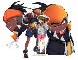 Rule 34 | 1boy, 1girl, artist name, backpack, bag, black hair, blue eyes, blush, boots, brown eyes, brown footwear, brown hair, cardigan, claw pose, commentary, dark-skinned male, dark skin, dress, earrings, gen 4 pokemon, gloria (pokemon), gloves, green headwear, grey cardigan, gym leader, hat, hood, jewelry, long sleeves, looking at viewer, multiple views, nintendo, open mouth, orange headwear, pink dress, pokemon, pokemon (creature), pokemon swsh, pokey, raihan (pokemon), rotom, rotom phone, selfie, short hair, shorts, simple background, smile, socks, tam o&#039; shanter, teeth, tongue, white background, white legwear
