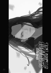 1girl aya_0nepiece blurry blurry_background close-up closed_mouth commentary copyright_name greyscale hair_slicked_back highres letterboxed long_hair looking_to_the_side monochrome nico_robin one_piece one_piece:_stampede pillarboxed solo