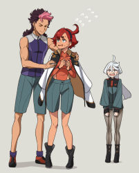 1boy 2girls absurdres adjusting_another&#039;s_clothes ahoge aqua_eyes asticassia_school_uniform bare_shoulders black_footwear blunt_ends boots breasts brown_hair closed_eyes full_body green_jacket green_shorts grey_background grey_eyes grey_hair guel_jeturk gundam gundam_suisei_no_majo hair_between_eyes highres jacket jacket_on_shoulders long_hair long_sleeves looking_at_another medium_breasts miorine_rembran mole mole_under_eye mullet multicolored_hair multiple_girls open_mouth orange_shirt own_hands_together pantyhose pink_hair purple_shirt red_hair school_uniform shirt short_hair shorts sleeveless sleeveless_shirt smile standing suletta_mercury sweat thick_eyebrows tokunou_shoutarou toned toned_male two-tone_hair wavy_mouth white_jacket