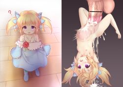 1boy 1girl ? absurdres bar_censor bare_shoulders blonde_hair boots censored cum cum_in_pussy cum_overflow empty_eyes flat_chest flower hair_ribbon highres huge_penis iris_mysteria! jewelry large_insertion lily_(iris_mysteria!) loli looking_at_viewer mellpon necklace nipples open_mouth oversized_clothes penis purple_eyes rape ribbon rose sex standing stomach_bulge twintails underwear upside-down wide_sleeves