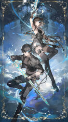 1boy 1girl absurdres aqua_eyes arm_up bandaged_arm bandages black_boots black_bow black_dress black_gloves black_hair black_jacket black_pants black_pouch black_shorts black_thighhighs boots bow breasts chinese_commentary closed_mouth collared_jacket colored_inner_hair commentary_request copyright_notice cross-laced_clothes cross-laced_dress dress dual_persona earrings eye_trail female_rover_(wuthering_waves) gloves grey_shirt hair_between_eyes hair_bow heterochromia highres holding holding_sword holding_weapon jacket jewelry large_breasts light_trail logo long_hair looking_at_viewer male_rover_(wuthering_waves) mei_ren multicolored_hair pangu_terminal_(wuthering_waves) pants parted_lips pelvic_curtain pouch rover_(wuthering_waves) shirt short_shorts shorts sleeveless sleeveless_dress sword thigh_boots thigh_pouch thighhighs thighhighs_under_boots triangle_earrings very_long_hair weapon white_hair wuthering_waves yellow_eyes