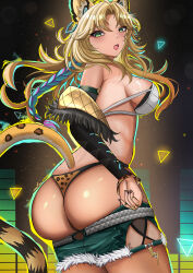 1girl animal_ears aqua_hair artist_request ass ass_focus bare_shoulders blonde_hair blush braid breasts clothes_pull dark_skin embarrassed from_behind genshin_impact green_eyes huge_ass jaguar_ears jaguar_tail large_breasts long_hair looking_at_viewer looking_back multicolored_hair open_mouth short_shorts shorts shorts_pull sideboob single_braid solo tail thong xilonen_(genshin_impact)