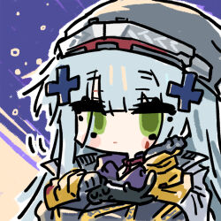 1girl black_cat cat chibi chibi_only chinese_commentary clukay_(neural_cloud) cui_pi_zha_xia_qiu girls&#039;_frontline girls&#039;_frontline_neural_cloud green_eyes grey_hair hat hk416_(girls&#039;_frontline) jitome looking_at_viewer official_art second-party_source solo teardrop