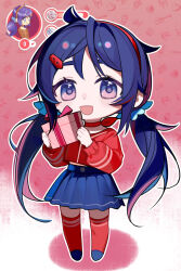 1girl ahoge bad_source blue_eyes blue_hair blue_skirt blush bow bow_choker box chibi chibi_mita_(miside) choker facing_viewer full_body gift gift_box hair_ornament hairband highres holding holding_gift long_sleeves looking_at_viewer miside mita_(miside) official_art open_mouth pleated_skirt red_hairband red_shirt red_thighhighs shirt skirt smile solo standing thighhighs twintails