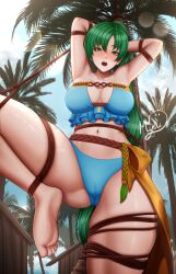 1girl alternate_costume armpit_crease armpits arms_behind_head artist_logo artist_name bdsm belly belt bikini blue_bikini blue_sky blush bondage bound bound_arms bound_legs bound_torso breasts brown_belt cleavage collarbone female_focus fire_emblem fire_emblem:_the_blazing_blade fire_emblem_heroes frilled_bikini frilled_bikini_top frills from_below green_eyes green_hair highres logo long_hair looking_at_viewer looking_down lyn_(fire_emblem) lyn_(lady_of_the_beach)_(fire_emblem) medium_breasts midriff myeu navel nintendo official_alternate_costume open_mouth outdoors palm_tree ponytail predicament_bondage rope sash shack sidelocks skin_tight skindentation sky soles solo stomach strapless strapless_bikini swimsuit teeth thick_thighs thighhighs thighs toes tongue tree tropical very_long_hair yellow_sash