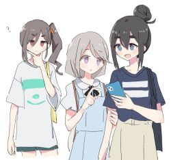 3girls ? amamiya_satsuki_(mono) bag black_hair black_ribbon blue_dress blue_shirt brown_hair commentary cowboy_shot dress grabbing_another&#039;s_arm green_shorts grey_hair grey_shirt hair_between_eyes hair_bun hand_on_own_chin holding holding_bag holding_phone kiriyama_an long_hair looking_at_phone mono_(afro) multiple_girls neck_ribbon phone pinafore_dress pointing ponytail print_shirt purple_eyes red_eyes ribbon shikishima_sakurako shiroshi_(denpa_eshidan) shirt shorts shoulder_bag side_ponytail sidelocks simple_background single_hair_bun skirt sleeveless sleeveless_dress swept_bangs symbol-only_commentary t-shirt thinking white_background yellow_skirt yuri