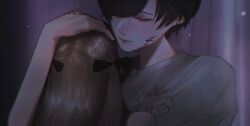 Rule 34 | 1boy, 1girl, black bow, black hair, blood, blood on clothes, blood on face, blood on hands, bow, brown hair, closed eyes, couple, cross, cross earrings, earrings, fhair bow, grey shirt, hair over one eye, hand on another&#039;s head, hetero, highres, hug, jewelry, latin cross, lips, mano aaa, mole, mole under eye, one eye covered, original, shirt, short hair, swept bangs, t-shirt, upper body