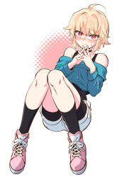 1boy ahoge bae_(baebae) bike_shorts black_undershirt blonde_hair blue_jacket blush denim denim_shorts floating full_body hair_between_eyes hair_intakes highres interlocked_fingers jacket jeong_sana looking_at_viewer male_focus off_shoulder pink_shoes red_eyes shoes shorts shy simple_background sneakers solo strapless suicide_boy sweatdrop trap undershirt