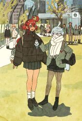4boys 6+girls afro_puffs ahoge bag beard black_bag black_coat black_footwear black_gloves black_hairband black_scarf black_skirt black_socks blonde_hair blue_eyes blue_hair chuatury_panlunch coat facial_hair felsi_rollo fingerless_gloves full_body gloves green_eyes green_jacket grey_bag grey_hair grey_jacket guel_jeturk gundam gundam_suisei_no_majo hair_between_eyes hairband hand_on_own_hip highres holding holding_bag jacket lauda_neill loafers long_hair long_sleeves low_ponytail mature_male miorine_rembran mullet multiple_boys multiple_girls naji_geor_hija necktie nika_nanaura norea_du_noc open_mouth outdoors pants pantyhose parted_bangs parted_lips petra_itta pink_coat pink_hair plaid_clothes plaid_pants pleated_skirt ponytail red_hair red_necktie scarf school_uniform shibuya_(tokyo) shoes short_hair_with_long_locks single_sidelock skirt smile socks sophie_pulone suletta_mercury sweater takeuchi_ryousuke tokyo_(city) tree walking white_scarf white_socks white_sweater