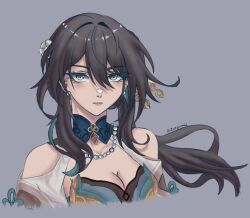 1girl black_hair breasts cleavage commentary cropped_torso dress earrings english_commentary flower green_dress grey_background hair_flower hair_ornament highres honkai:_star_rail honkai_(series) iceyzumii jewelry large_breasts long_hair looking_at_viewer necklace pearl_necklace ruan_mei_(honkai:_star_rail) simple_background solo twitter_username