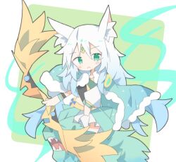 1girl apollousa_bow_of_the_goddess border bow_(weapon) chibi duel_monster green_background green_eyes grey_hair long_hair makurakui simple_background solo tiara weapon white_border wind yu-gi-oh!