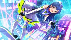 1girl bent_over black_gloves blue_hair blush brown_eyes commentary_request dress from_below full_body game_cg glint gloves hand_on_own_leg hat idolmaster idolmaster_(classic) idolmaster_million_live! idolmaster_million_live!_theater_days kisaragi_chihaya long_hair looking_at_viewer neck_ribbon official_art open_mouth ribbon shoes smile solo standing thighhighs third-party_source