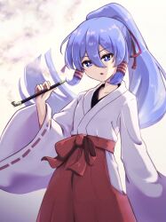1girl blue_eyes blue_hair bow commentary_request cowboy_shot foul_detective_satori hakama hakama_pants highres hip_vent holding holding_smoking_pipe japanese_clothes kimono long_hair long_sleeves miko miyadeguchi_mizuchi miyadeguchi_mizuchi_(human) pants parted_lips red_bow red_hakama red_pants red_sash ribbon-trimmed_sleeves ribbon_trim sash sidelocks smoking_pipe solo touhou very_long_hair white_kimono wide_sleeves youyou20