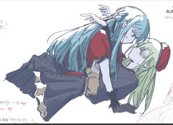 2girls bang_dream! bang_dream!_it&#039;s_mygo!!!!! beret black_capelet black_ribbon black_skirt blue_hair capelet chinese_commentary commentary_request green_hair hair_ribbon hat highres long_hair mortis_(bang_dream!) multiple_girls oblivionis_(bang_dream!) red_hat red_shirt ribbon shirt short_sleeves sidelocks skirt sweatdrop togawa_sakiko toto_rabpit3 translation_request wakaba_mutsumi yellow_eyes yukadon yuri