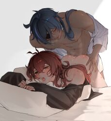 2boys abs anal ass black_shirt blue_gemstone blue_hair blush bruise commentary_request crossed_bangs crying crying_with_eyes_open cum cum_in_ass dark-skinned_male dark_skin diluc_(genshin_impact) earrings eyepatch gem genshin_impact hair_between_eyes hand_on_another&#039;s_ass hashtag-only_commentary highres hugging_object injury jewelry kaeya_(genshin_impact) long_hair long_sleeves male_focus motion_lines multiple_boys navel nipples one_eye_covered open_mouth pectorals piercing pillow pillow_hug prone_bone red_eyes red_hair sex sex_from_behind shirt shirt_partially_removed short_sleeves single_earring streaming_tears sweat tears teeth tongue tongue_out upper_teeth_only white_shirt yaoi zehuij