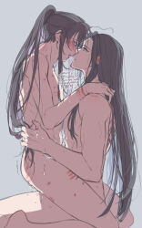 2boys after_kiss ahoge anal bishounen bite_mark black_hair blush completely_nude cum cum_on_body cum_on_male dated eye_contact from_side grabbing_another&#039;s_hair grey_background hickey highres hug kimako_(kimako_8) lan_wangji long_hair looking_at_another male_focus modao_zushi multiple_boys nude open_mouth parted_lips ponytail profile purple_eyes saliva saliva_trail scratches sex sidelocks simple_background sitting sitting_on_person straddling sweat tears tongue twitter_username upright_straddle very_long_hair watermark wei_wuxian yaoi yellow_eyes