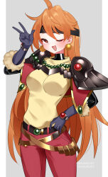 1girl ;d absurdres armor artist_name belt belt_buckle black_belt black_headband blush bodysuit bodysuit_under_clothes bracelet breasts buckle capelet cowboy_shot earrings fang fur-trimmed_gloves fur_trim gem gloves gold_belt gold_trim green_gemstone grey_background hand_on_own_hip headband highres jewelry latex latex_bodysuit lina_inverse long_hair looking_at_viewer maguro27 medium_breasts one_eye_closed open_mouth orange_hair pants purple_gloves red_capelet red_eyes red_gemstone red_pants shoulder_armor simple_background skin_fang slayers smile solo standing sweat sweater twitter_username two-tone_background w white_background yellow_sweater