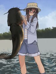 1girl animal blue_jacket blue_shorts brown_eyes brown_hair bucket_hat catfish cloud corduroy_(cordrawroy) expressionless fish glass hat highres holding holding_animal holding_fish in_water jacket lake long_hair long_sleeves minakami_mai nichijou shirt shorts sidelocks sky solo standing striped_clothes striped_shirt tree water yellow_hat