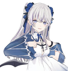 Rule 34 | 1girl, azuma seren, azuma seren (new), blue flower, blue rose, braid, breasts, cleavage, dress, earrings, ecila22, flower, grey hair, hair flower, hair ornament, hand on own hip, highres, indie virtual youtuber, jewelry, long hair, long sleeves, looking at viewer, multicolored hair, purple eyes, purple hair, ribbon, rose, simple background, smile, solo, streaked hair, two side up, virtual youtuber, white background, white dress, white hair, wings