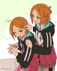 2boys 2wink_(ensemble_stars!) :3 :d aoi_hinata aoi_yuta black_jacket cowboy_shot drawstring ensemble_stars! flower front-to-back fuurin_(sior_fr) green_eyes hair_behind_ear hair_bun hair_ornament hairclip half_updo highres holding holding_hair_ornament hood hood_down hooded_jacket jacket layered_sleeves long_sleeves looking_at_another male_focus medium_hair multicolored_jacket multiple_boys one_eye_closed open_mouth orange_hair pants parted_bangs pink_jacket raised_eyebrow short_hair short_sleeves siblings sitting smile standing steepled_fingers track_jacket track_pants track_suit tucking_hair twins