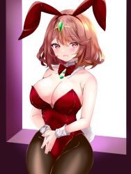 Rule 34 | 1girl, animal ears, bare shoulders, black pantyhose, blush, breasts, chest jewel, cleavage, core crystal (xenoblade), cowboy shot, fake animal ears, fake tail, highres, large breasts, leotard, looking at viewer, nanase nao, pantyhose, playboy bunny, pyra (xenoblade), rabbit ears, rabbit tail, red eyes, red hair, red leotard, short hair, smile, solo, strapless, strapless leotard, tail, tiara, xenoblade chronicles (series), xenoblade chronicles 2