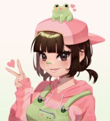 1girl animal_print artist_logo artist_name backwards_hat bandaid bandaid_on_face bandaid_on_nose baseball_cap bethy blunt_bangs blush brown_eyes brown_hair collarbone commentary commission english_commentary eyelashes frog frog_on_head frog_print gradient_background green_background green_bandaid green_overalls hand_up hat heart highres hood hood_down hoodie indie_virtual_youtuber logo long_sleeves looking_at_viewer lower_teeth_only medium_hair meguren open_mouth overalls pink_hat pink_hoodie pink_nails short_twintails sidelocks sleeves_past_wrists solo sparkle sticker_on_clothes teeth tomboy tongue twintails upper_body v virtual_youtuber watermark white_background zipper_pull_tab