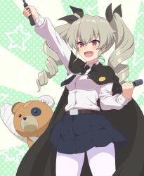 1girl absurdres ada_badguy anchovy_(girls_und_panzer) anzio_school_uniform boko_(girls_und_panzer) breasts cape drill_hair earrings girls_und_panzer green_hair hair_ribbon highres jewelry large_breasts long_hair microphone miniskirt open_mouth pantyhose red_eyes ribbon riding_crop school_uniform simple_background skirt smile solo twin_drills twintails white_pantyhose
