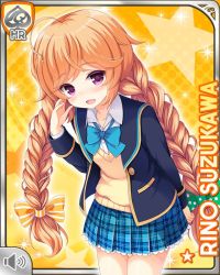 1girl :o ahoge blazer blue_bow blue_jacket bow bowtie braid brown_hair card_(medium) character_name girlfriend_(kari) hair_ribbon jacket official_art plaid_clothes plaid_skirt pleated_skirt purple_eyes qp:flapper ribbon school_uniform shoes sick skirt socks solo suzukawa_rino twin_braids yellow_background
