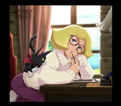 1girl black_cat blonde_hair blue_eyes cat chair curtains desk glasses gundam kotobuki_tsukasa mobile_suit_gundam open_mouth round_eyewear sayla_mass short_hair sweater window