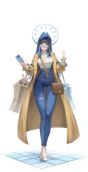 1girl absurdres bag blue_eyes blue_hair blue_pants blunt_bangs blunt_ends boros_(ouro_kronii) breasts brown_coat coat colored_inner_hair commentary denim english_commentary finger_heart full_body glasses hair_intakes halo high-waist_pants high_heels highres hime_cut holding holding_phone hololive hololive_english jeans large_breasts lazyfox long_hair long_sleeves looking_at_viewer multicolored_hair nanashi_mumei official_alternate_costume official_alternate_hairstyle ouro_kronii ouro_kronii_(casual) pants paper_bag phone shirt shirt_tucked_in shoes shoulder_bag sidelocks simple_background solo straight-on torn_clothes torn_jeans torn_pants trench_coat turtleneck very_long_hair virtual_youtuber white_background white_shirt white_shoes