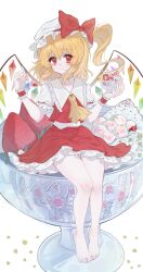 1girl absurdres ascot barefoot blonde_hair bow crystal crystal_wings ff_(pixiv_104744337) flandre_scarlet frilled_shirt_collar frills full_body hat hat_ribbon highres looking_at_viewer mob_cap puffy_short_sleeves puffy_sleeves red_bow red_eyes red_skirt red_vest ribbon shirt short_hair short_sleeves side_ponytail simple_background sitting skirt skirt_set solo touhou vest white_background wings yellow_ascot