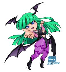 1girl animal_print bat_print black_leotard black_wings blue_eyes chibi clothing_cutout cutout_above_navel darkstalkers demon_girl demon_wings full_body green_hair grey_background head_wings heart_cutout leotard long_hair morrigan_aensland multiple_wings pantyhose print_pantyhose purple_pantyhose simple_background solo tokisige wings