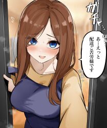 Rule 34 | 1girl, alternate costume, blue eyes, blurry, blurry background, blush, breasts, brown hair, commentary request, flying sweatdrops, furrowed brow, go-toubun no hanayome, highres, large breasts, long hair, looking at viewer, loose hair strand, mame1645, nakano miku, parted bangs, smile, solo, speech bubble, steam, sweat, translation request