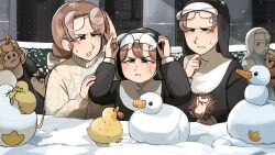 5girls bird blonde_hair blue_eyes brunette_bangs_nun_(diva) carrot chicken clumsy_nun_(diva) commentary diva_(hyxpk) duck duckling english_commentary eyewear_on_head glasses glasses_nun&#039;s_mother_(diva) glasses_nun_(diva) habit hedge hedgehog highres little_nuns_(diva) multiple_girls nun outdoors round_eyewear slice_of_life snow snow_sculpture spicy_nun_(diva) squinting sweat traditional_nun