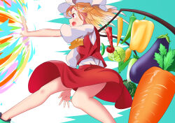 1girl absurdres alternate_wings ascot attack bell_pepper carrot corn eggplant fang feet_out_of_frame fighting_stance flandre_scarlet food from_side green_background green_pepper hat highres lettuce mob_cap mwzika open_mouth puffy_short_sleeves puffy_sleeves red_eyes red_pepper red_skirt red_vest shirt short_sleeves skin_fang skirt skirt_set solo thick_thighs thighs tomato touhou vegetable vest white_background white_hat white_shirt wings yellow_ascot yellow_pepper