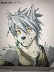 1boy animal_ears armband art_program_in_frame black_tank_top commentary dog_boy dog_ears dog_nose dog_tags furry furry_male grey_fur grey_hair highres indeigo15 jewelry kouya_aotsuki long_hair looking_at_viewer male_focus morenatsu necklace smile tank_top upper_body yellow_eyes