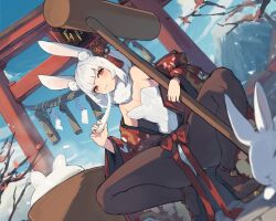1girl :3 animal animal_ear_fluff animal_ears black_pantyhose blurry chinese_zodiac day depth_of_field detached_collar eating food kine lansane leotard mallet mochi mochitsuki mount_fuji new_year original outdoors pantyhose playboy_bunny rabbit rabbit_ears red_eyes short_hair spread_legs squatting torii white_hair year_of_the_rabbit