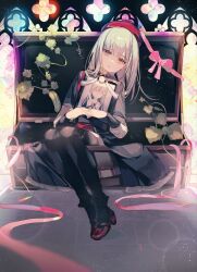 Rule 34 | 1girl, bang dream!, bang dream! it&#039;s mygo!!!!!, beret, black thighhighs, box, chinese commentary, commentary request, crying, crying with eyes open, cucumber, full body, green hair, hat, highres, holding, holding picture frame, iei, in container, leaning to the side, long hair, long sleeves, looking at viewer, mortis (bang dream!), mortis (costume) (bang dream!), open mouth, own hands together, picture frame, pink ribbon, red hat, ribbon, sad, shanguang san he yi xiao ci guai, shoes, sidelocks, sitting, solo, stained glass, suitcase, tears, thighhighs, tile floor, tiles, wakaba mutsumi, yellow eyes