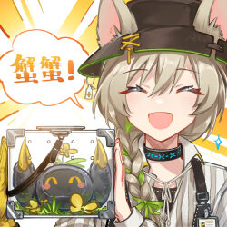 Rule 34 | 1girl, :d, ^ ^, animal ears, arknights, ax (mihuashi 2426), beanstalk (arknights), blonde hair, blush, brown hat, chinese text, closed eyes, commission, domesticated metal crab (arknights), ears through headwear, facing viewer, gloves, green ribbon, grey shirt, hair between eyes, hair ribbon, hat, highres, infection monitor (arknights), medium hair, mihuashi commission, open mouth, ribbon, shirt, single glove, smile, solo, sparkle, striped clothes, striped shirt, translation request, upper body, vertical-striped clothes, vertical-striped shirt, white shirt, yellow gloves
