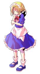 1girl apron bare_arms blonde_hair blue_dress blue_shoes bobby_socks bow bowtie commentary_request dairi dress frilled_dress frills full_body furrowed_brow highres large_variant_set maid maid_headdress mary_janes mugetsu_(touhou) parted_lips puffy_short_sleeves puffy_sleeves red_bow red_bowtie shoes short_sleeves socks solo standing sweatdrop touhou touhou_(pc-98) transparent_background variant_set waist_apron white_apron white_socks yellow_eyes
