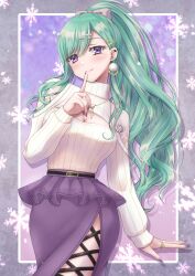 1girl absurdres allymidorikawa belted_skirt bow cleavage_cutout clothing_cutout commentary cross-laced_slit ear_piercing earrings finger_to_mouth green_hair hair_between_eyes hair_bow hair_ornament hairpin highres ice_crystal jewelry light_blush long_hair long_sleeves looking_at_viewer meme_attire miniskirt nail_polish necklace open-chest_sweater piercing pom_pom_(clothes) pom_pom_earrings ponytail purple_eyes purple_nails purple_skirt ribbed_sweater ring skirt smile solo standing sweater turtleneck turtleneck_sweater virtual_youtuber vspo! white_bow white_sweater yakumo_beni yakumo_beni_(3rd_costume)
