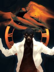 1boy 2others animal_ears bisected black_hair black_shirt coat collared_shirt dog_ears dog_snout double-parted_bangs fading furry hair_between_eyes halo halo_behind_head highres implied_death kim_dokja looking_at_viewer lying macaronijail multiple_others nipples no_eyes nude omniscient_reader&#039;s_viewpoint on_back outstretched_arms partially_shaded_face ribs shirt short_hair stopwatch watch white_coat