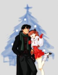 Rule 34 | 1boy, 1girl, age difference, amondetauro, bag, black hair, black jacket, blue eyes, christmas tree, cropped jacket, dress, fur collar, gloves, green scarf, handbag, hetero, highres, holding another&#039;s arm, jacket, kaji ryouji, leg up, looking at viewer, loose socks, low ponytail, mature male, neon genesis evangelion, open mouth, orange hair, ponytail, red dress, red gloves, scarf, short dress, smile, socks, souryuu asuka langley, standing, v, white jacket, white socks, winter clothes