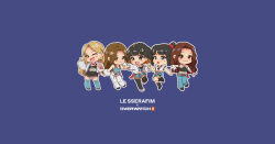 5girls :o artist_collaboration bare_shoulders black_footwear black_hair blonde_hair blue_background blue_pants breasts brown_hair chibi closed_mouth commentary english_commentary full_body hong_eun-chae huh_yun-jin kim_chae-won korean_commentary le_sserafim long_sleeves mixed-language_commentary miyawaki_sakura multiple_girls nakamura_kazuha official_art one_eye_closed open_hand open_mouth overwatch overwatch_2 pants simple_background small_breasts white_pants white_sleeves
