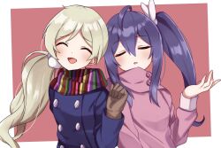 2girls ahoge blue_coat blush border breasts brown_gloves buttons closed_eyes coat dot_nose double-breasted double-parted_bangs eyelashes fluffy_hair gloves grey_hair hair_ornament hand_up handa_roco hood hoodie idolmaster idolmaster_million_live! idolmaster_million_live!_theater_days long_hair long_sleeves mochizuki_anna multicolored_scarf multiple_girls official_alternate_hairstyle open_mouth outside_border parted_bangs pink_background pink_hood pink_hoodie pocchari purple_hair scarf side_ponytail sidelocks small_breasts smile twintails upper_body very_long_hair wavy_hair white_border